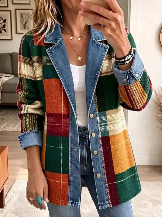 Hildrun | Retro-Jeansjacke mit künstlerischem Karoprint