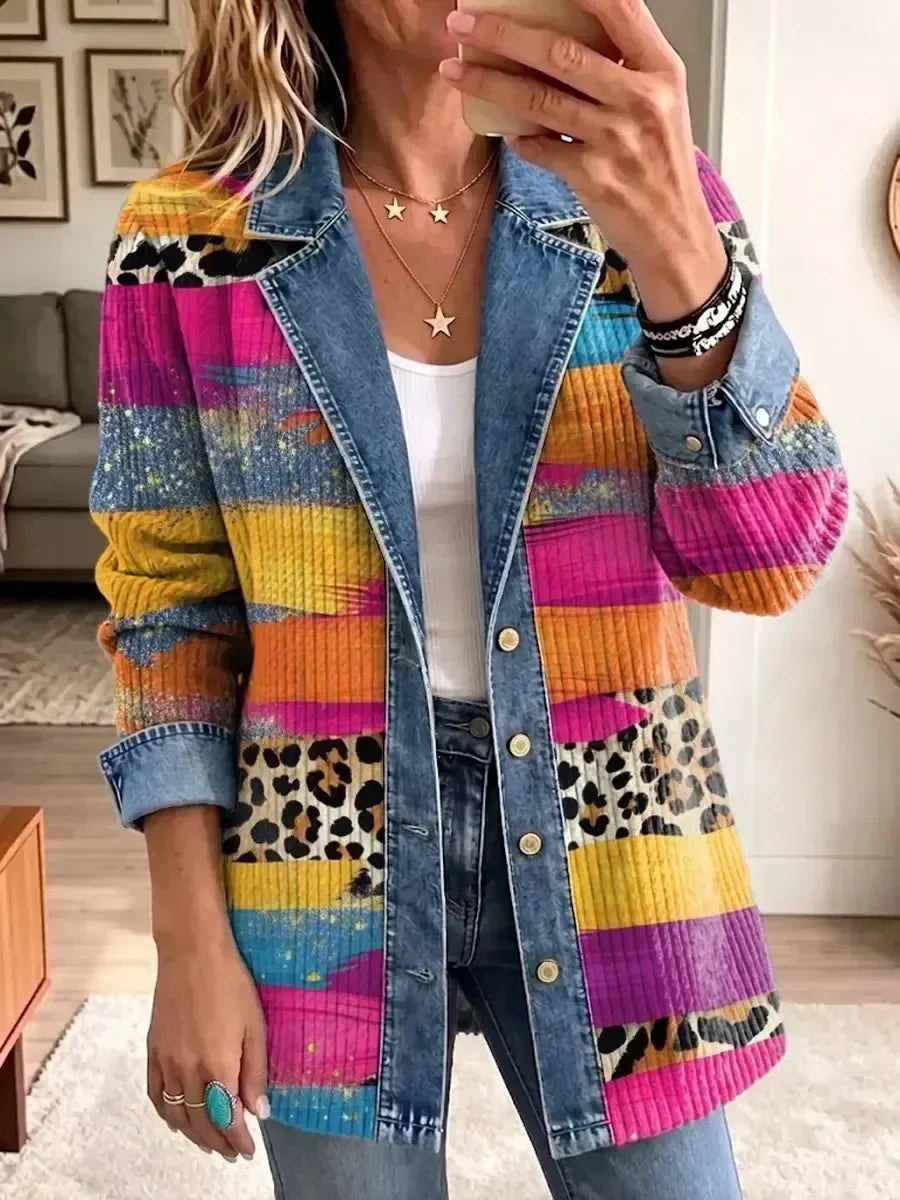 Gita | Barevná retro džínová bunda s leopardím vzorem
