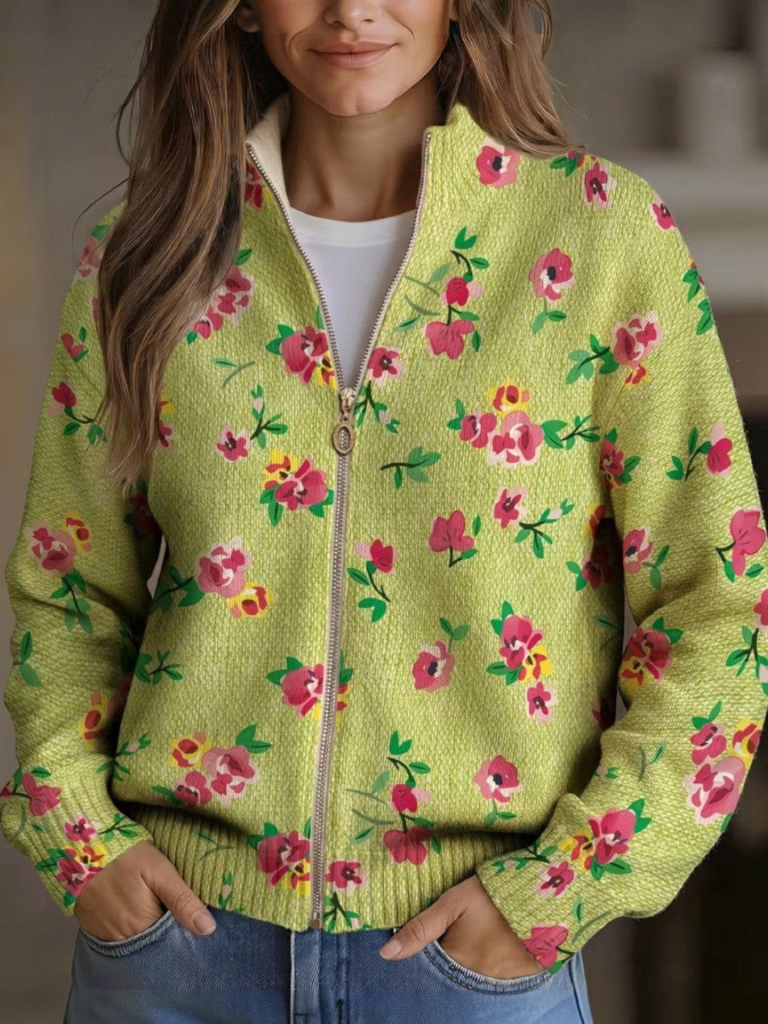 Renata™ | Cárdigan verde con estampado floral