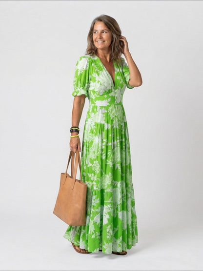 Graciela Vestido largo con estampado floral en rosa mexicano
