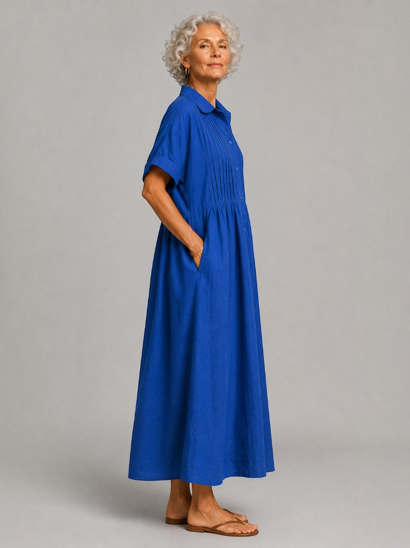 Flor Vestido largo en azul tipo lino