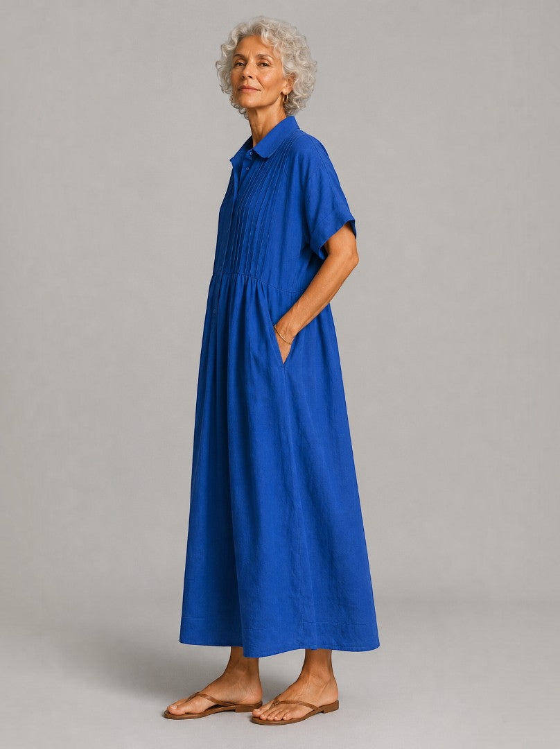 Flor Vestido largo en azul tipo lino