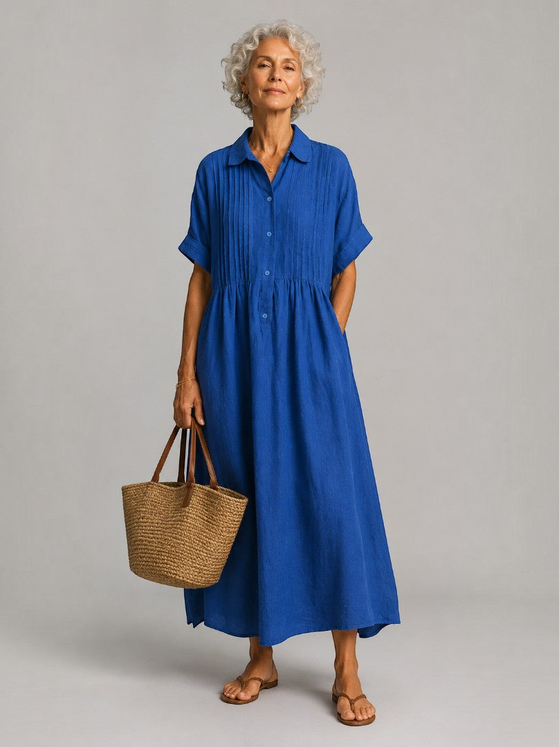 Flor Vestido largo en azul tipo lino