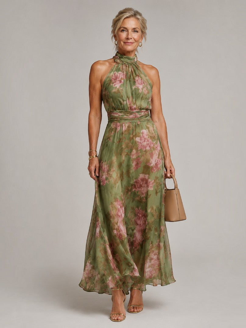 Esperanza Vestido largo con rosas sobre olivo