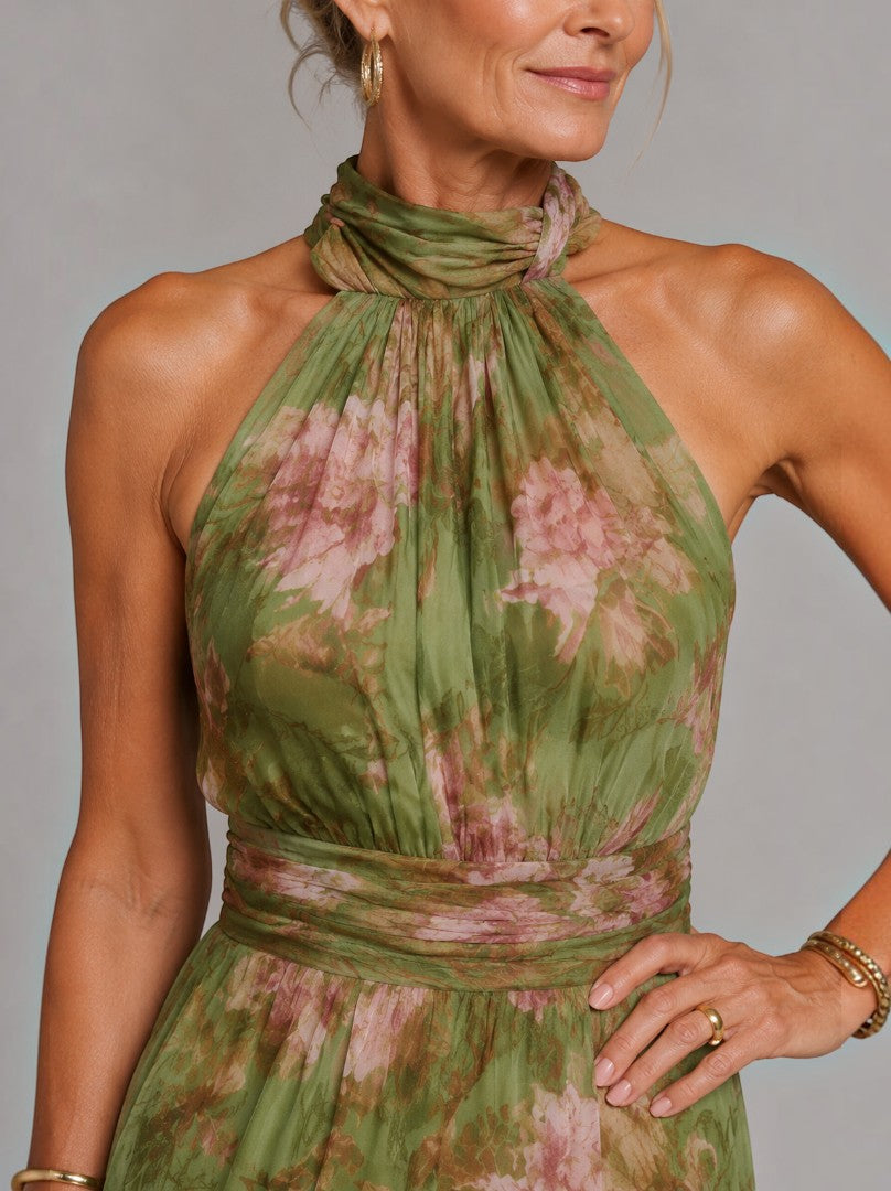 Esperanza Vestido largo con rosas sobre olivo