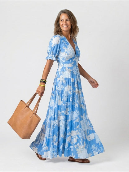 Graciela Vestido largo con estampado floral en rosa mexicano
