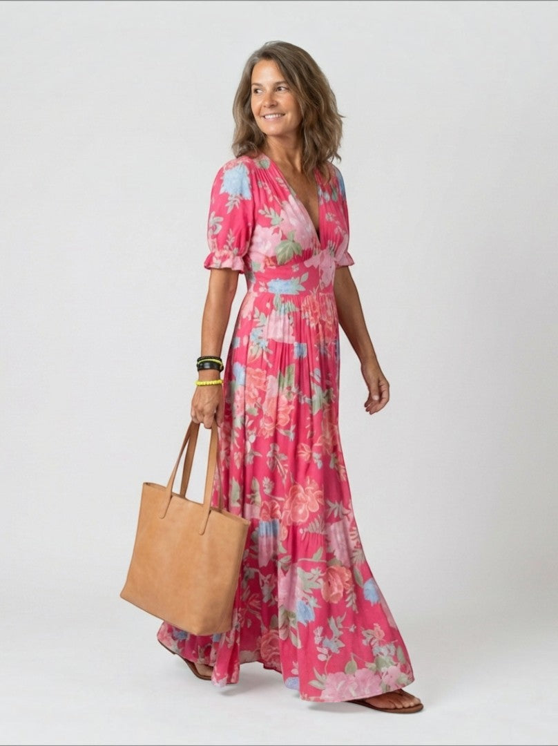 Graciela Vestido largo con estampado floral en rosa mexicano