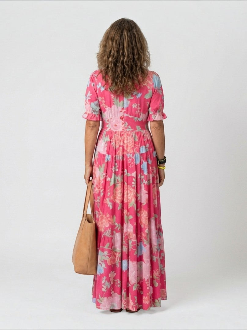 Graciela Vestido largo con estampado floral en rosa mexicano