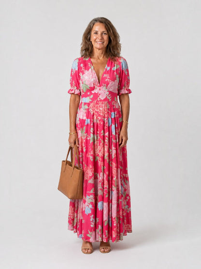 Graciela Vestido largo con estampado floral en rosa mexicano