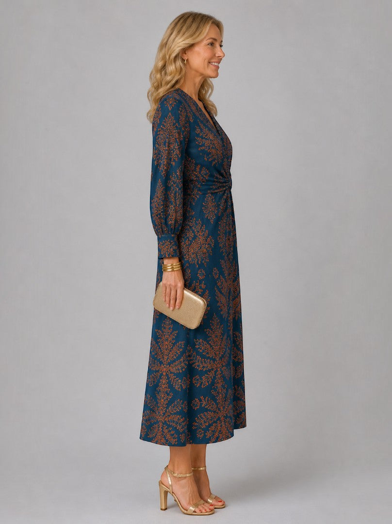 Amanda Vestido midi con estampado floral en azul petróleo
