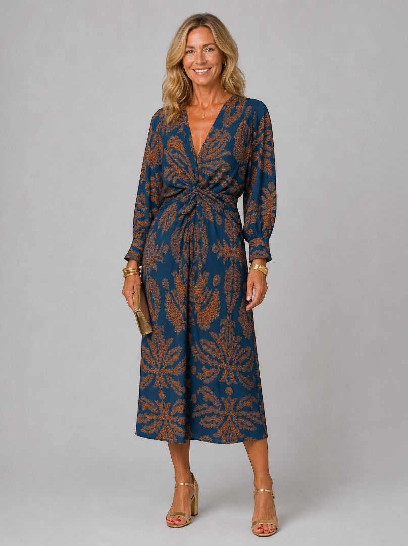 Amanda Vestido midi con estampado floral en azul petróleo