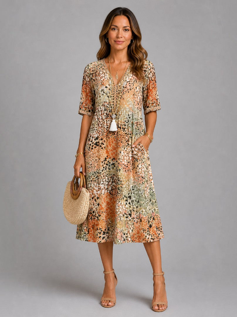 Adriana Vestido midi con estampado floral en ocre