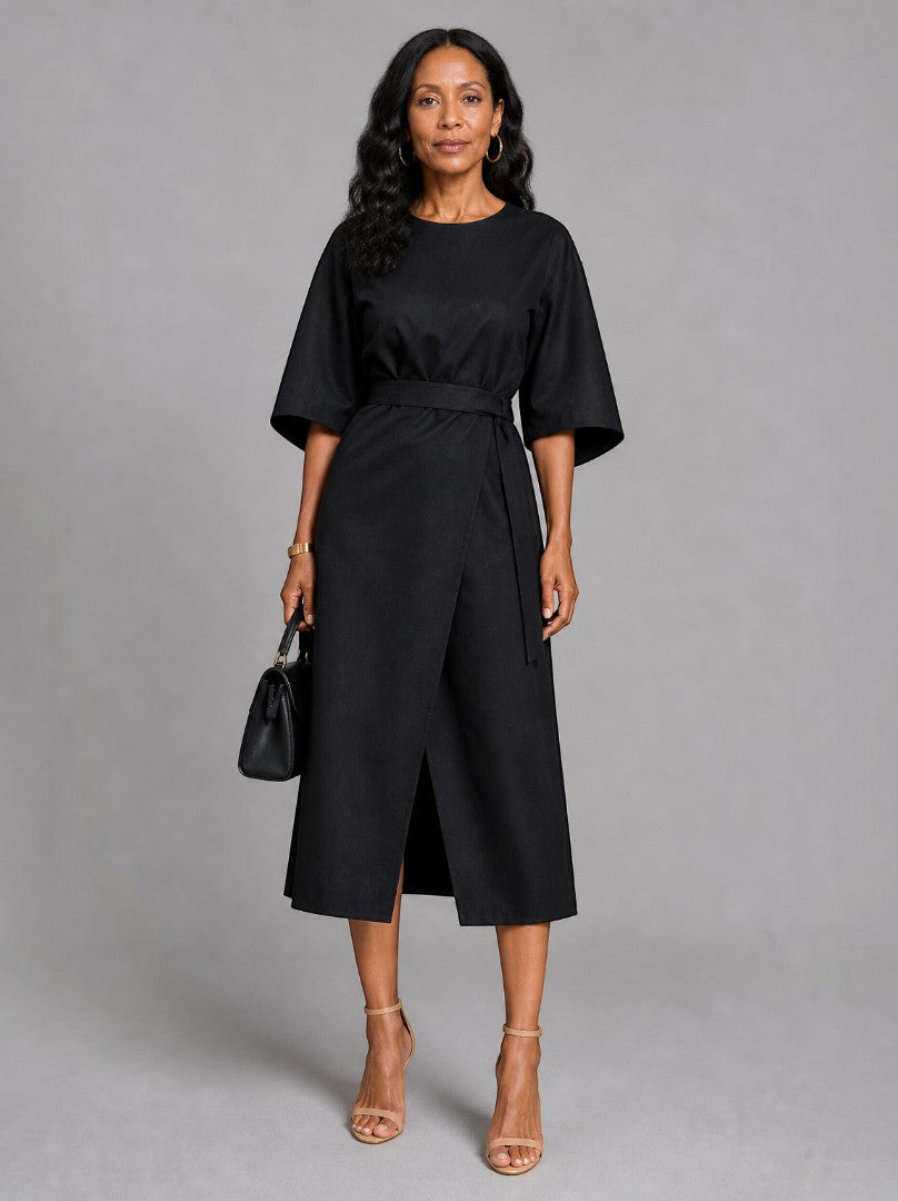 Carolina Vestido midi en negro con cinto para amarrar