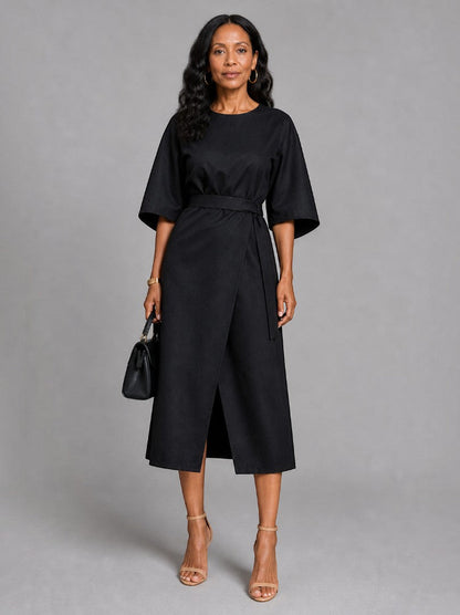 Carolina Vestido midi en negro con cinto para amarrar