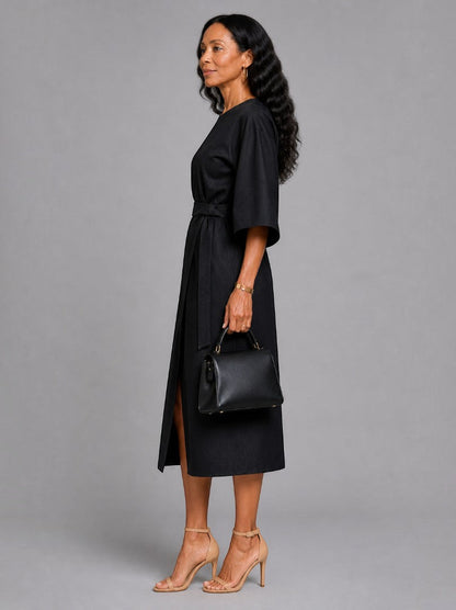 Carolina Vestido midi en negro con cinto para amarrar