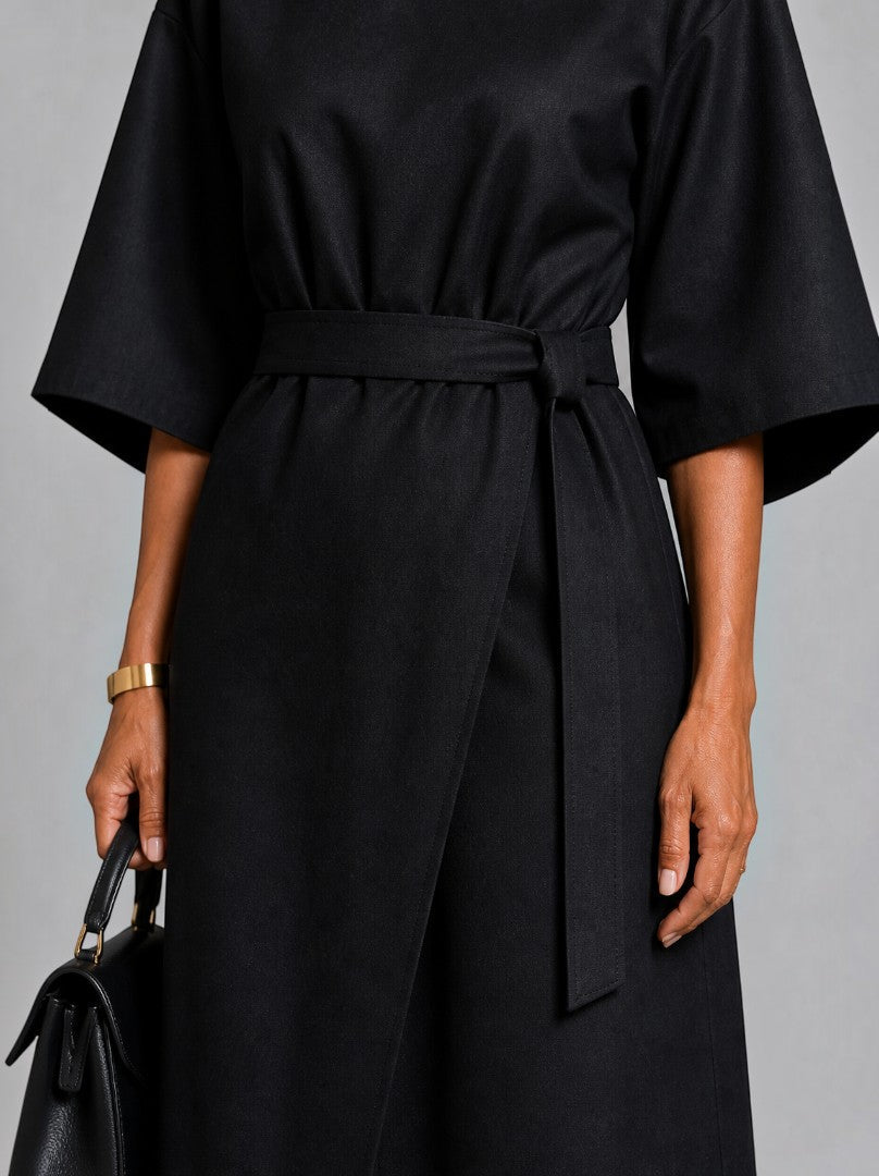 Carolina Vestido midi en negro con cinto para amarrar