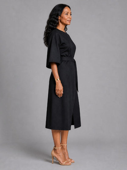 Carolina Vestido midi en negro con cinto para amarrar