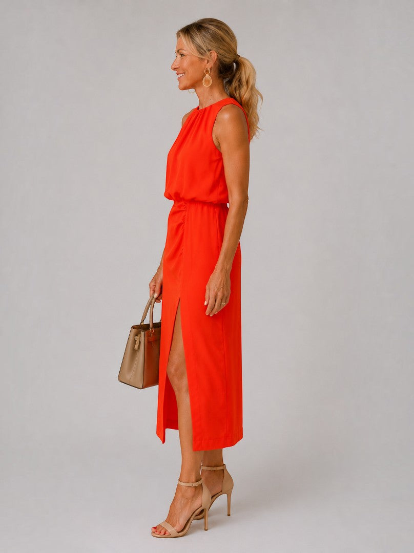 Elisa Vestido midi en rojo con abertura