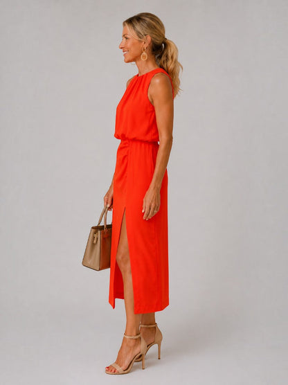 Elisa Vestido midi en rojo con abertura
