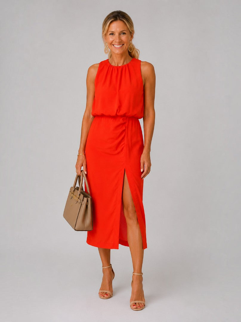 Elisa Vestido midi en rojo con abertura